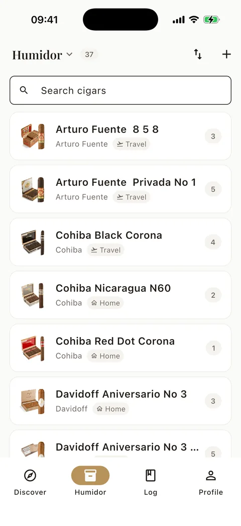 Cigarino Humidor screen: cigar inventory with quantities and humidor tags