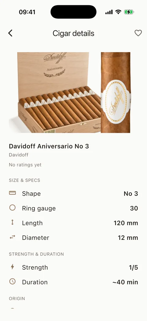 Cigarino cigar details sheet: photo, vitola, ring gauge, length, diameter, strength and duration