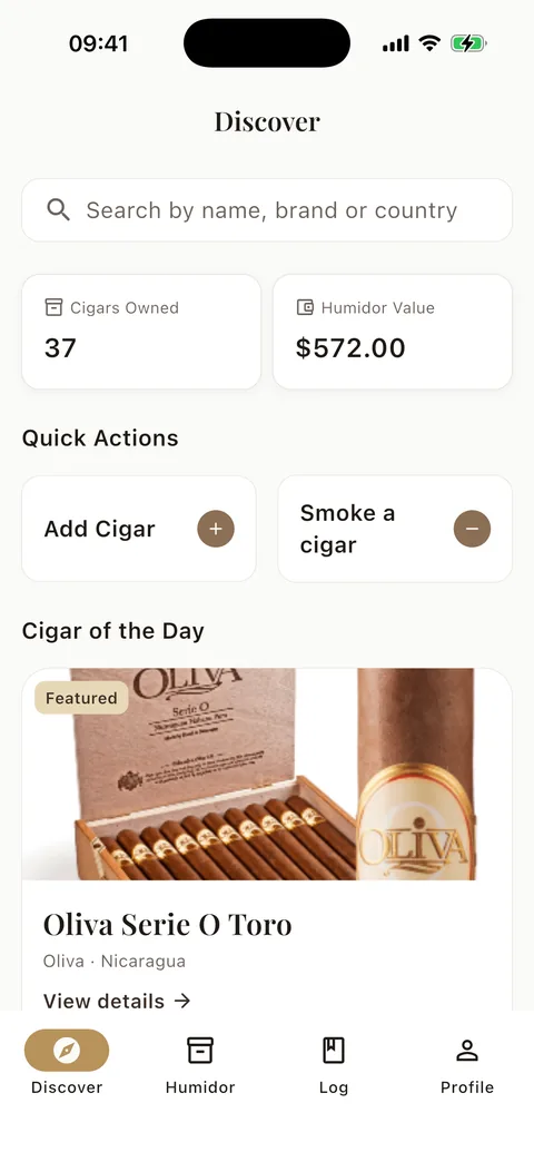 Cigarino Discover screen: search, cigars owned, humidor value and the Cigar of the Day