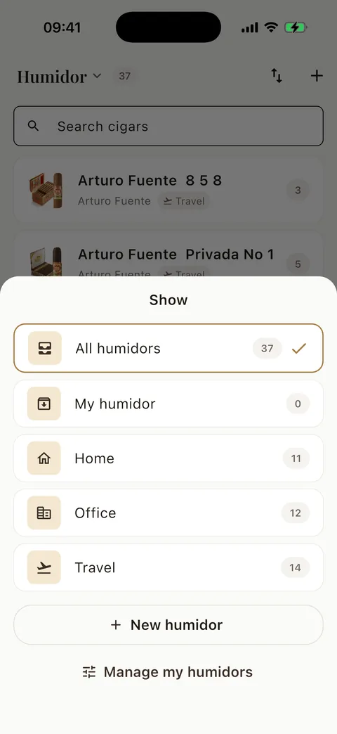 Cigarino humidor selector: multiple humidors with dedicated icons
