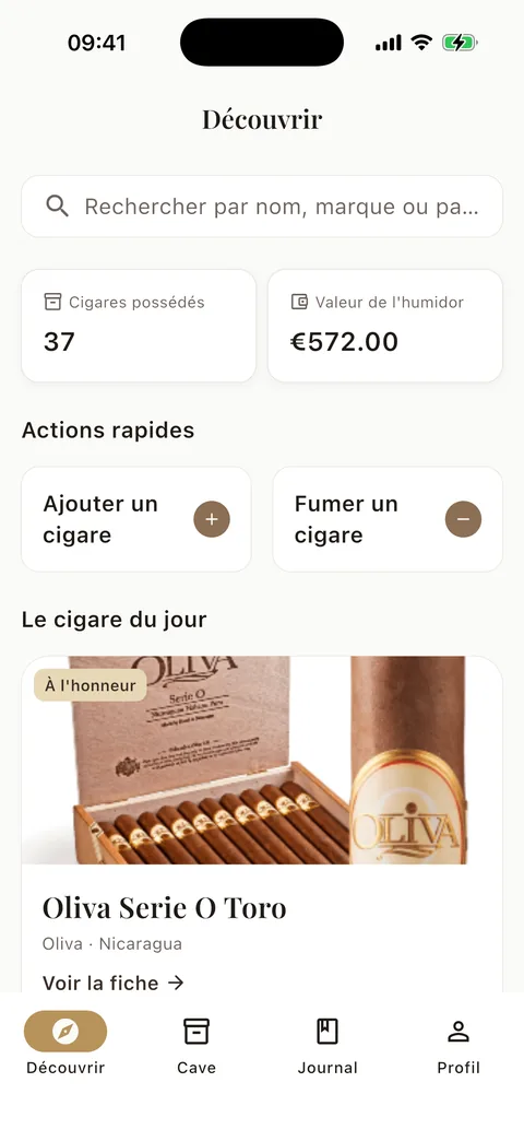 Écran Découvrir de Cigarino : recherche, cigares possédés, valeur de la cave et « Le cigare du jour »
