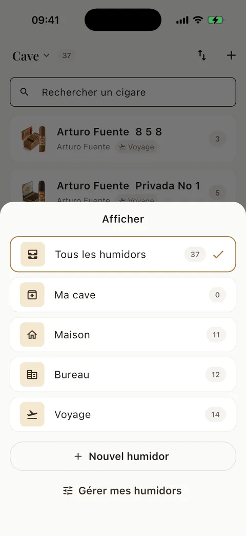 Sélecteur d'humidors de Cigarino : Maison, Bureau et Voyage avec icônes dédiées