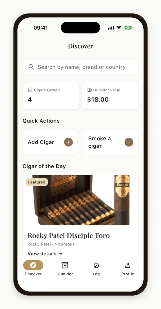 Cigarino Discover screen, English interface