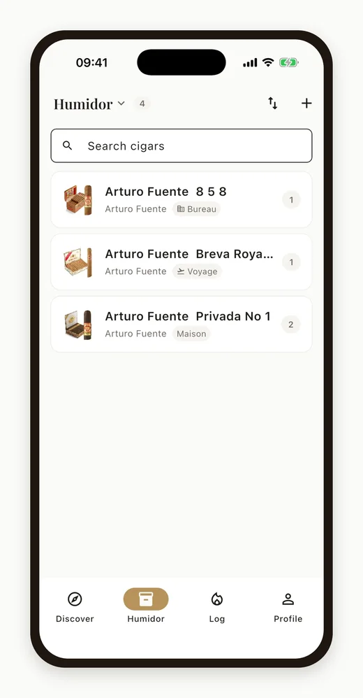 Cigarino Humidor screen, English interface