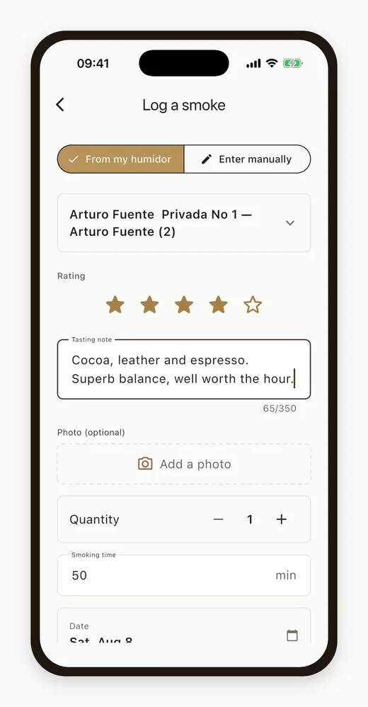 Cigarino tasting journal screen, English interface