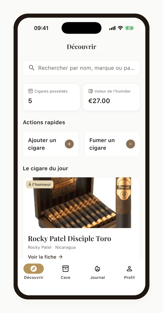 Écran Découvrir de Cigarino, interface française