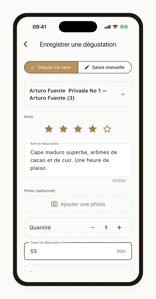 Écran Journal de dégustation de Cigarino, interface française